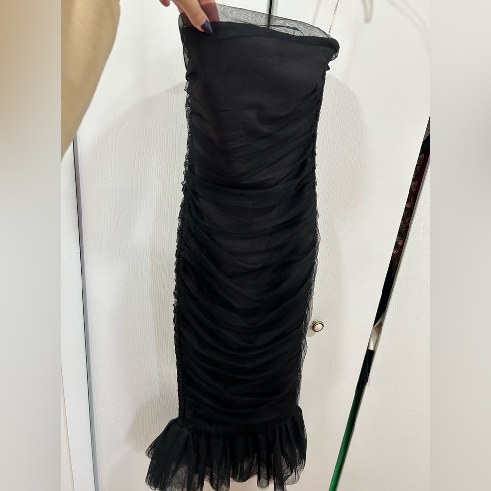 Rare London Black Strapless Ruched Tulle Mermaid Dress - Size XS/2